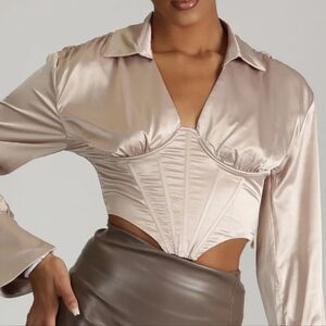 Chic Satin Blouse in Tan